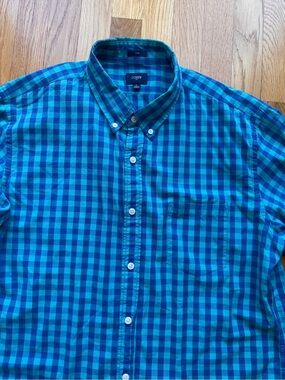 J. Crew Men's Teal and Navy Gingham Button-Down Shirt